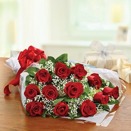 12 Red Rose BQ with Gypsophila